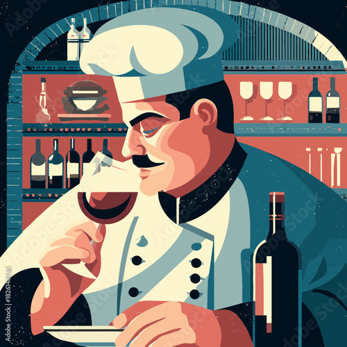 Chef tasting wine at a restaurant with bottles and glassware