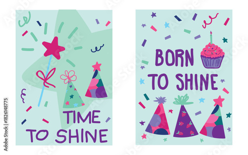 Shine-themed birthday poster set with inspiring lettering, star symbols, party hats, confetti and festive sparkles, bright motivational celebration vector bundle
