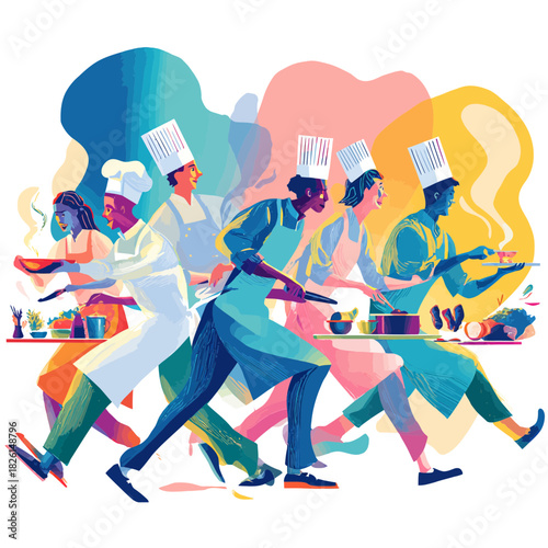 Chefs in colorful style preparing and serving delicious food