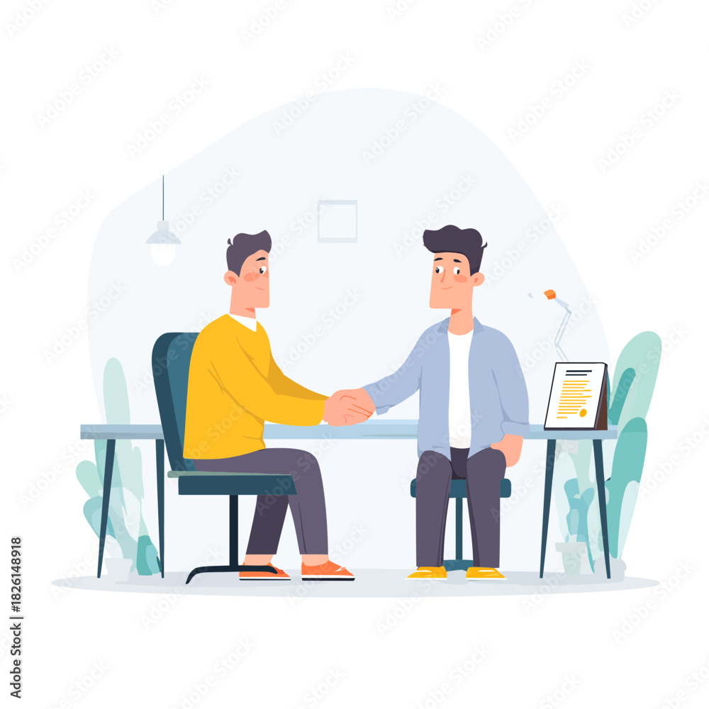 Obraz premium Two Men Shaking Hands at a Desk in a Business Meeting