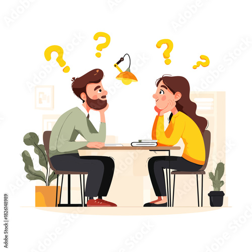 Two people at table asking questions with thought bubbles