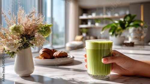 Hand holding green pistachio latte during breakfast