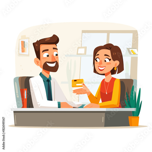 Woman giving a credit card to a man in an office