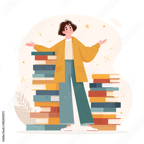 Woman librarian standing between two piles of books with open arms