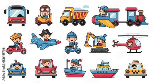 Collection of Cartoon Kids Driving Colorful Transportation Vehicles for Children's Education