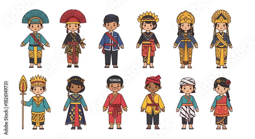 Diverse Indonesian Traditional Costumes Collection: Vector Illustration Celebrating Cultural