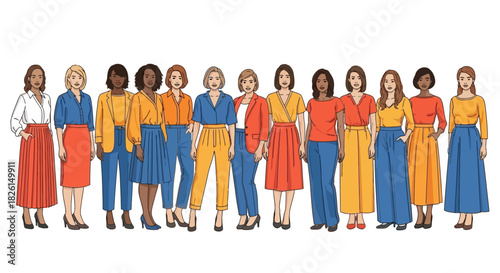 Empowered and diverse group of women standing together in a line, showcasing unity and community