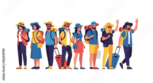 Diverse group of travelers in vibrant outfits on a holiday adventure, vector illustration