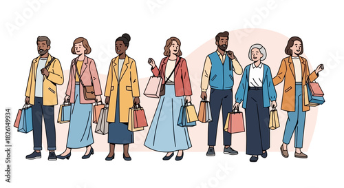 Diverse shoppers enjoy retail therapy: Vector illustration of stylish individuals with shopping bags