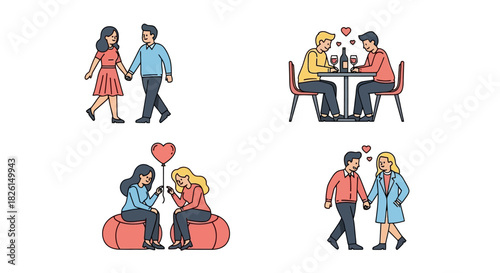 Diverse Romantic Couples Vector Illustration Scenes for Relationships and Valentine's Day