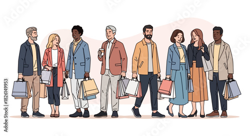 Diverse group of shoppers with shopping bags after successful day of retail therapy