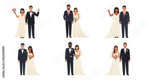 Diverse wedding couples vector illustration celebrating love, romance, and togetherness with happy
