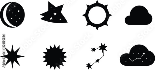 Geometric celestial icons set, abstract moon star constellation symbols, polygonal astronomy shapes, minimal mystical night sky vector collection, modern cosmic outline illustration design
