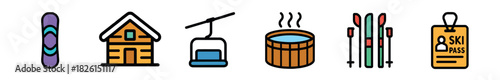 Colorful set of winter sport icons for a mountain resort vacation featuring a snowboard, cabin, ski lift, steaming hot tub, skis with poles, and a pass