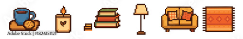 Pixel art set of cozy home furniture and decor including an armchair, lamp, rug, books, candle, and a mug with a cookie in a warm, retro 8-bit video game style