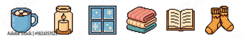 Set of cozy winter pixel art icons including a mug of cocoa, a candle, a snowy window, blankets, a book, and warm socks, illustrating a comfortable hygge lifestyle