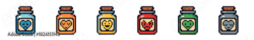 Set of six pixel art potion bottles with colorful liquids and unique icon labels for a fantasy video game, featuring various elixirs like poison, health, and magic in a retro 8-bit style