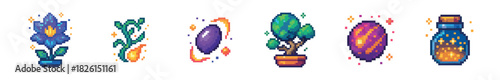 Pixel art collection of magical fantasy items including a glowing flower, fiery vine, enchanted egg, potted tree, and a sparkling potion bottle for a retro video game