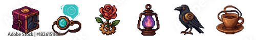 Set of detailed pixel art fantasy icons with steampunk elements, including a magical lantern, a mechanical raven, a glowing monocle, a gear rose, an ornate box, and a copper cup