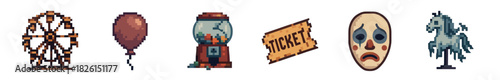 Pixel art collection of creepy carnival items including a Ferris wheel, balloon, gumball machine, ticket, sad mask, and horse, designed with a vintage 8-bit game aesthetic