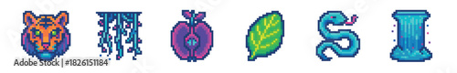 Colorful pixel art video game sprite set featuring a tiger mask, jellyfish, moth, leaf, snake, and pillar in a vibrant, retro 8-bit style for digital asset creation