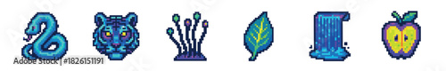 Vibrant pixel art icon set featuring a snake, tiger, plant, leaf, waterfall, and apple, designed in a colorful retro 8-bit video game aesthetic with a neon palette