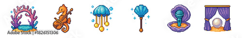 Colorful set of pixel art icons for a fantasy video game, including a musical seahorse, coral arch, jellyfish lantern, shell microphone, scepter, and a magical portal