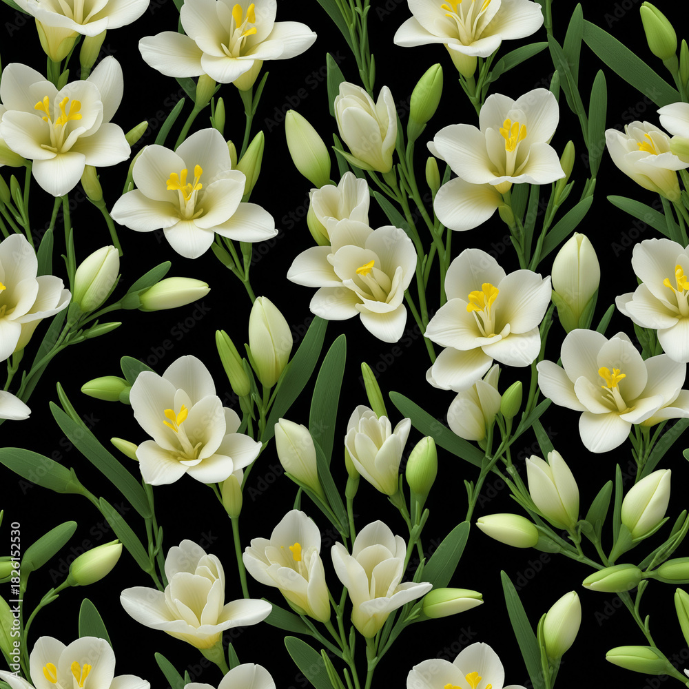 Fototapeta premium Seamless floral pattern with blooming freesia flowers and green foliage on black background, decorative botanical wallpaper and textile motif - AI generated