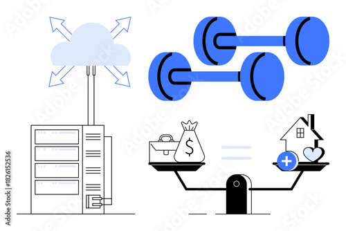 Technology concept. Technology with a cloud server, fitness portrayed with dumbbells, and finance ed with a balance scale. For innovation, business strategy, personal finance, wellness, and digital