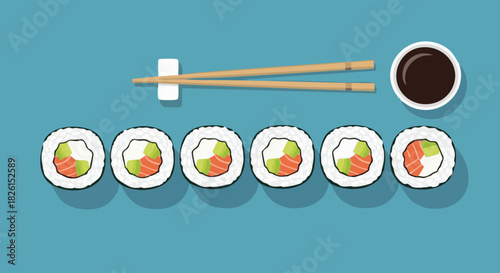Minimalist Flat Lay Vector Illustration of Six Sushi Maki Rolls with Salmon, Avocado, and Cream Cheese, Served with Soy Sauce and Chopsticks on a Teal Blue Background - Modern Food Design