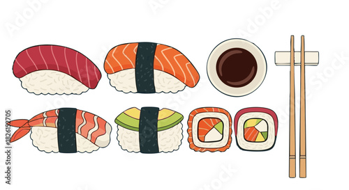 Assorted Japanese Sushi Nigiri and Maki Rolls Set Illustration with Tuna, Salmon, Shrimp, and Avocado, Served with Soy Sauce Bowl and Wooden Chopsticks - Vector Graphic for Restaurant Menus