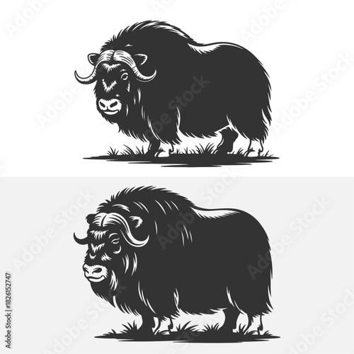 two black and white images of a yak