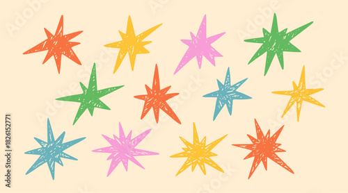 Cute Crayon Hand Drawn Star Set. Whimsical celestial doodles with rough pastel textures. Playful sketched icons feature organic crayon finishes for childish designs, collages, and creative background