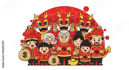 Celebrating Lunar New Year: A Joyful Family Gathering with Dragons and Traditional Blessings