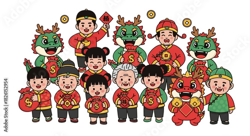 Celebrating Lunar New Year: Cheerful Characters Wishing Good Fortune and Prosperity for the Year