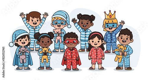 Diverse kids in pajamas: vector cartoon illustration of pajama party with happy children