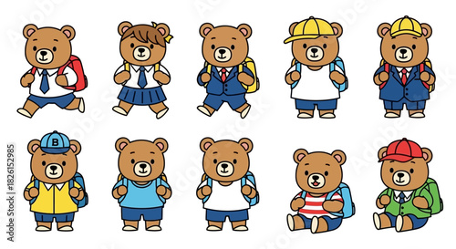 Cute Cartoon School Bears Vector Illustration Set: Adorable Animal Characters Going to School