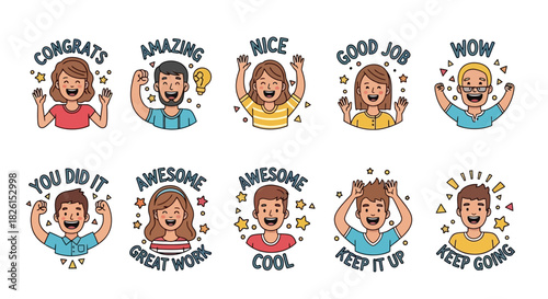 Set of cartoon stickers with positive messages and joyful characters for encouragement