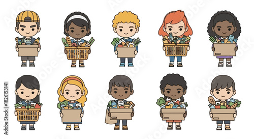 Adorable Chibi Kids Grocery Shopping Vector Illustration for Sustainable Lifestyle Initiatives