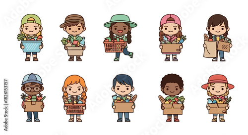 Adorable Chibi Kids Holding Grocery Baskets and Bags: A Delightful Vector Illustration