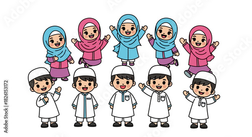 Adorable Cartoon Muslim Kids Vector Illustration Set, Celebrating Diversity and Cultural Richness