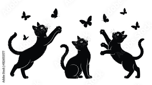 A black and white silhouette illustration of three black cats playing with butterflies.