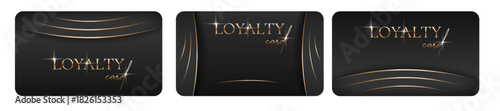 Set of trendy loyalty cards. Elegant Black business cards with golden 3d text, lines. Realistic gold elements. Luxury design. Vector illustration for vip, bonus card, gift certificate, invitation