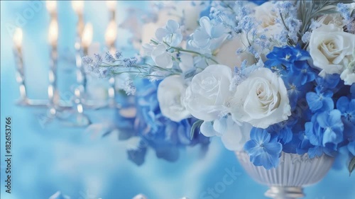 Stylish wedding or event centerpiece arrangement with blue flowers, candles, and white roses in full bloom.
