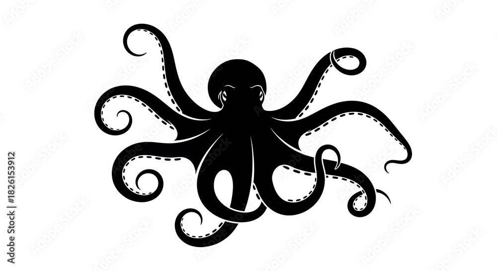 Naklejka premium Black silhouette of an octopus with curled tentacles isolated on white background