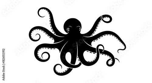 Black silhouette of an octopus with curled tentacles isolated on white background