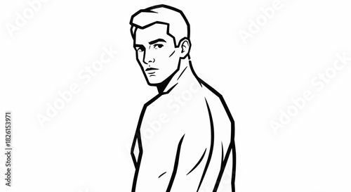 Strong man with defined features looking over his shoulder.