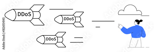 Three DDoS-labeled missiles moving toward a cloud symbol with a person assessing the attack. Ideal for cybersecurity, digital threats, cyber defense, IT solutions, online safety, risk management