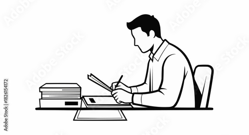 Man working at desk, writing or studying with papers and books.