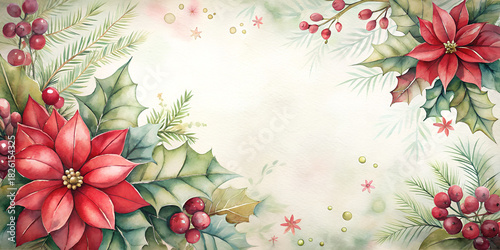 watercolor illustration forming a festive floral border with bright red poinsettia flowers, green holly leaves, and red berries on a light background. Conveys classic Christmas